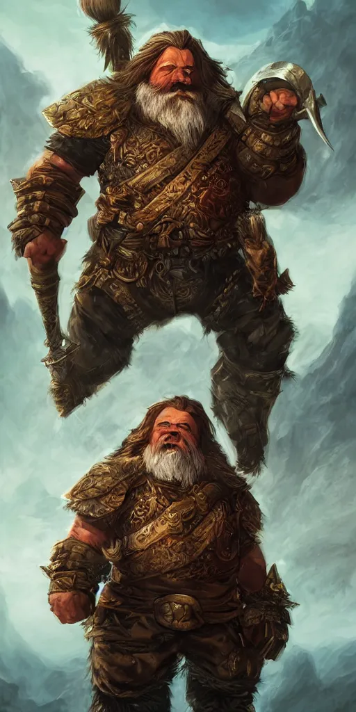 Image similar to A fantasy comic book style portrait painting of a dwarf warrior in a stunning fantasy landscape, unreal 5, DAZ, hyperrealistic, octane render, RPG portrait, dynamic lighting