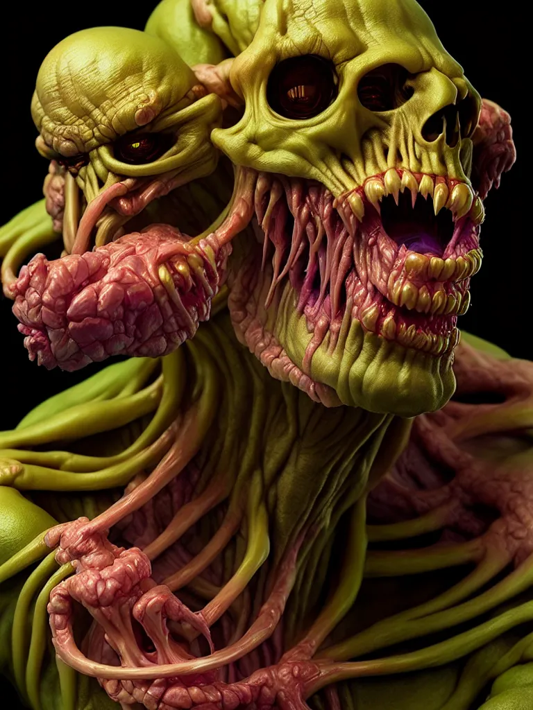 Prompt: hyperrealistic rendering, fat smooth cronenberg flesh monster skeletor by donato giancola and greg rutkowski and wayne barlow and zdzisław beksinski, product photography, action figure, sofubi, studio lighting, colored gels