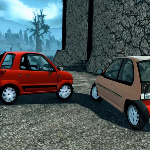 Prompt: 1 9 9 3 renault twingo in skyrim