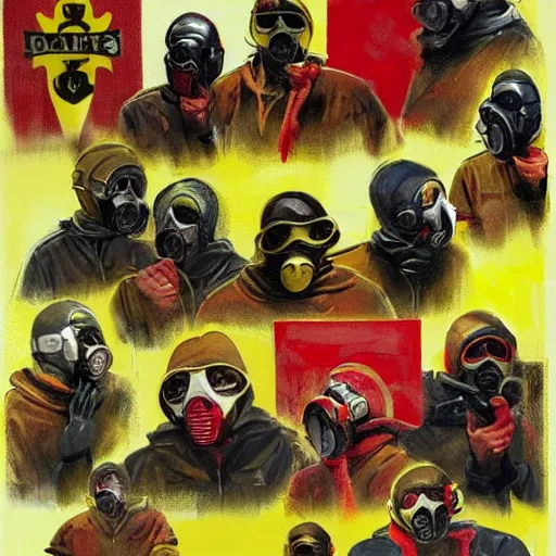 Image similar to detailed details concept art saints gang photo group, theyre using gas mask, other using saints mask, with red cross mark, theyre wear yellow and red hoodie, theyre leader regularly uses red in the style of bob peak and alex ross, gouache and wash paints color, detailed details facial and body and human and environments and proportionate, detailed 5 k details.