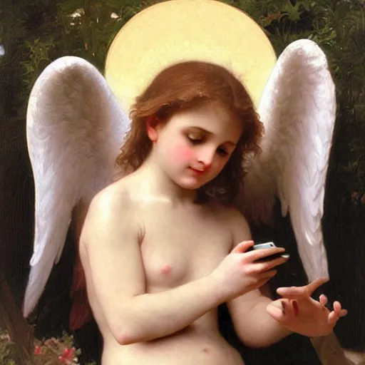 Image similar to a glorious oil painting of an angel talking with an iPhone, by Bouguereau, highly realistic and intricate