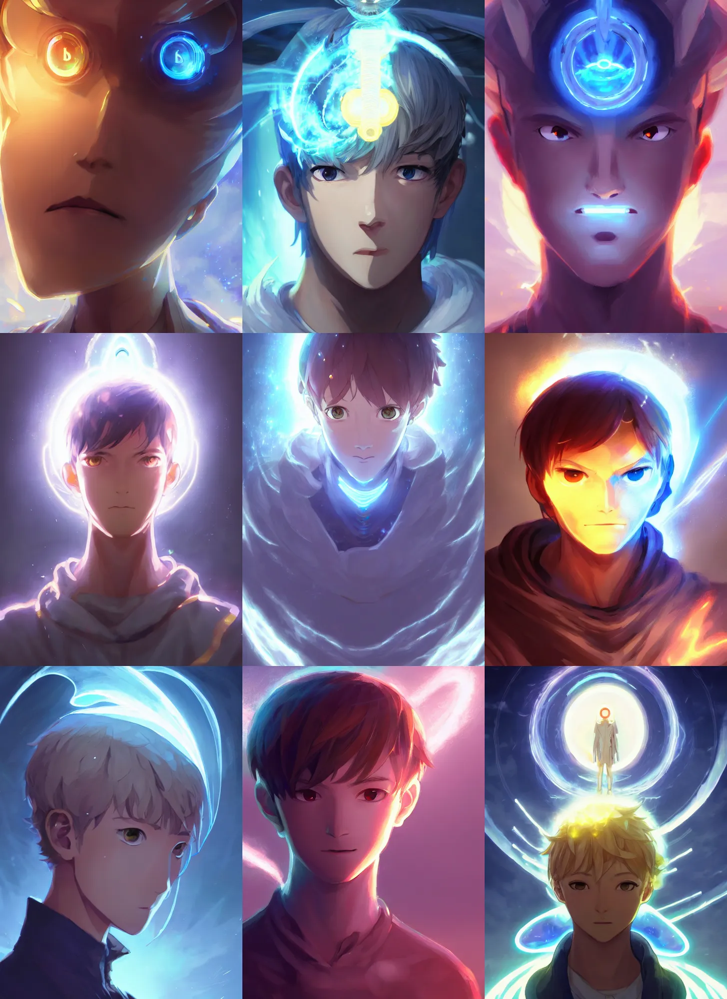 Prompt: a portrait of elemental light - kun with halo around his head, shiny, intricate, tone mapped, ambient lighting, highly detailed, digital painting, artstation, concept art, 4 k, god rays, stunning beautiful, glowing eyes, sharp focus, by makoto shinkai and akihiko yoshida and hidari and wlop