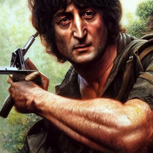 Image similar to john lennon as rambo, ultra realistic, concept art, intricate details, highly detailed, photorealistic, octane render, 8 k, unreal engine, art by frank frazetta, simon bisley, brom