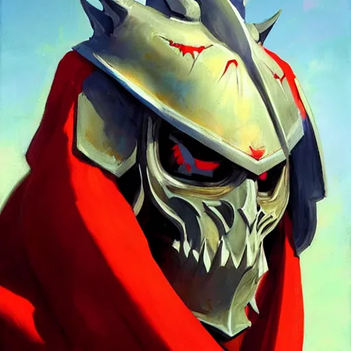 Prompt: greg manchess portrait painting of armored ainz ooal gown aka momon in a red cloak as overwatch character, medium shot, asymmetrical, profile picture, organic painting, sunny day, matte painting, bold shapes, hard edges, street art, trending on artstation, by huang guangjian and gil elvgren and sachin teng