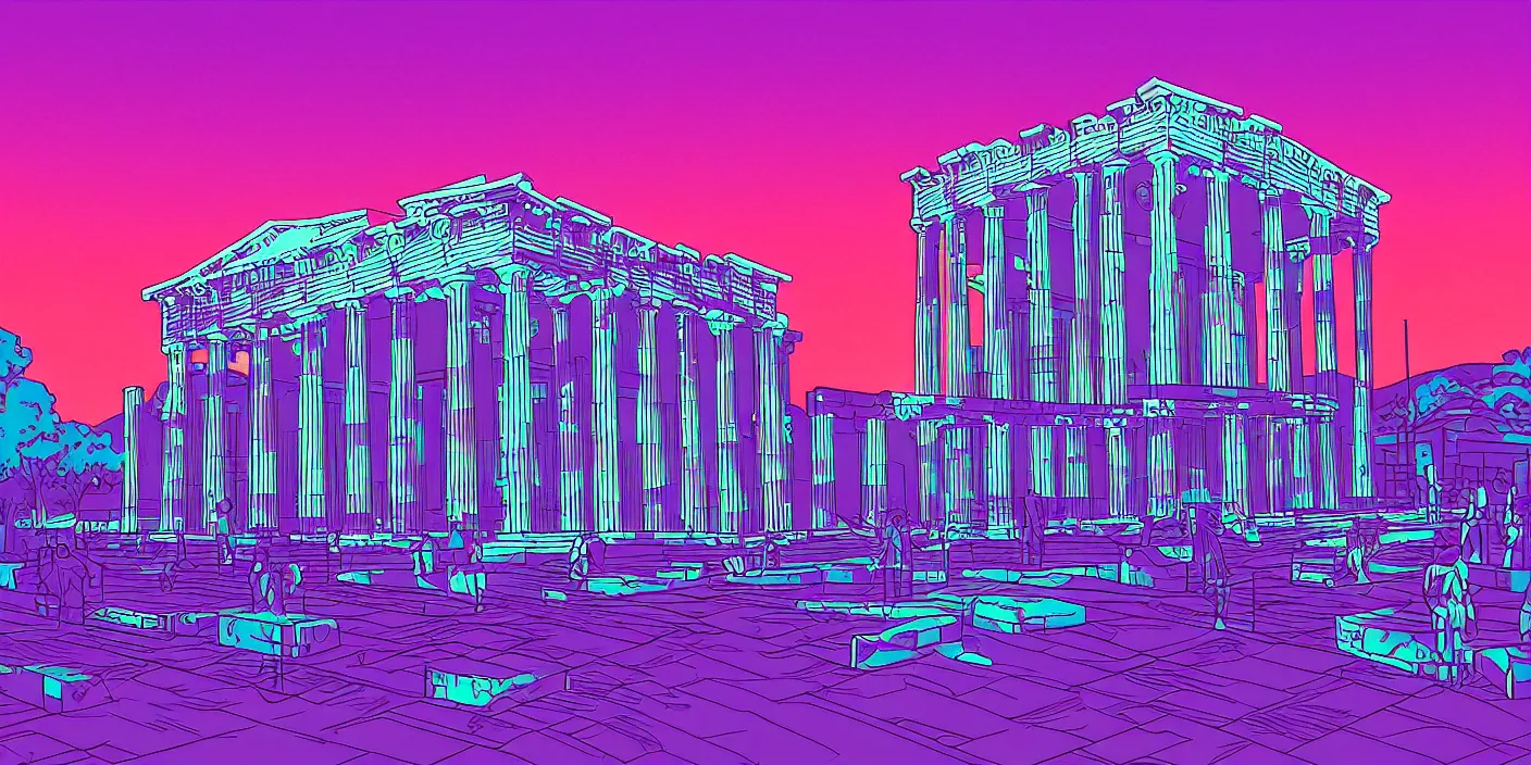 Image similar to the school of athenes paiting in synthwave style