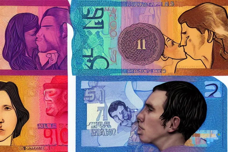 Image similar to reylo kissing currency design