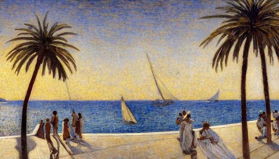 Image similar to a ultradetailed beautiful painting of the night sky of the great greek river golden white palace balustrade designed by jules bastien - lepage, tarsila do amaral, frank weston and gustave baumann, beach, trending on artstation, mediterranean, palm trees, sharp focus, sail boats, soft light, 8 k 4 k