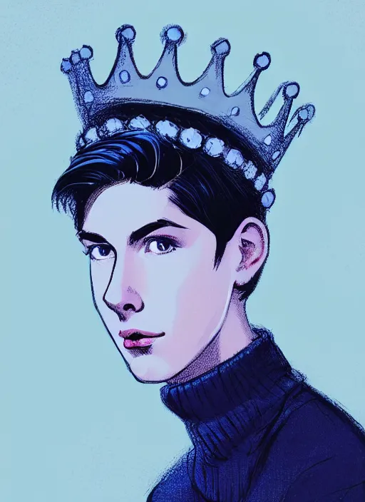 Image similar to portrait of teenage jughead jones wearing a light grey crown, crown, blue turtleneck, 1 9 5 0 s, closed eyes, photorealistic, black hair, glowing lighting, intricate, elegant, glowing lights, highly detailed, digital painting, artstation, concept art, smooth, sharp focus, illustration, art by wlop, mars ravelo and greg rutkowski