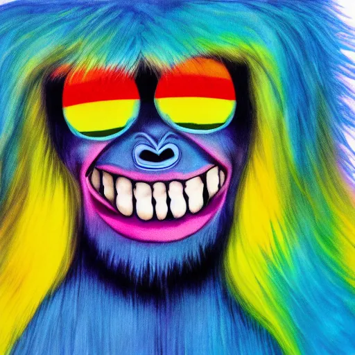 Image similar to rainbow smiling yeti. pop art.