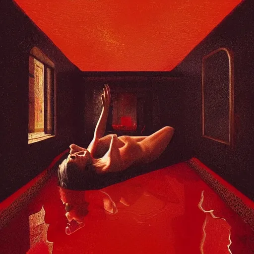 Image similar to Rachel Cook full body laying in a blood red pool of water between a golden mirror frame, outside is space and inside the mirror frame is a beautiful landscape., physically accurate, dynamic lighting, intricate, elegant, highly detailed, digital painting, artstation, HR GIGER, Hieronymus Bosch, Francis Bacon, concept art, smooth, sharp focus, illustration, art by artgerm and greg rutkowski and alphonse mucha