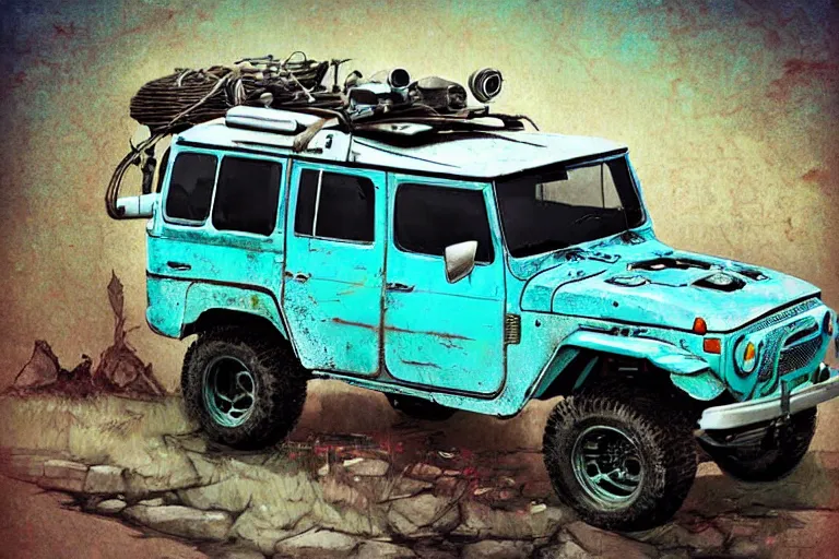 Image similar to digital illustration of a faded cyan mad max's fj 4 0 decrepit!!!! pursuit special, rusty!!! nissan fj cruiser heavily modded 1 9 9 0 s, the last v 8 interceptor by makoto shinkai, ilya kuvshinov, lois van baarle, rossdraws, basquiat