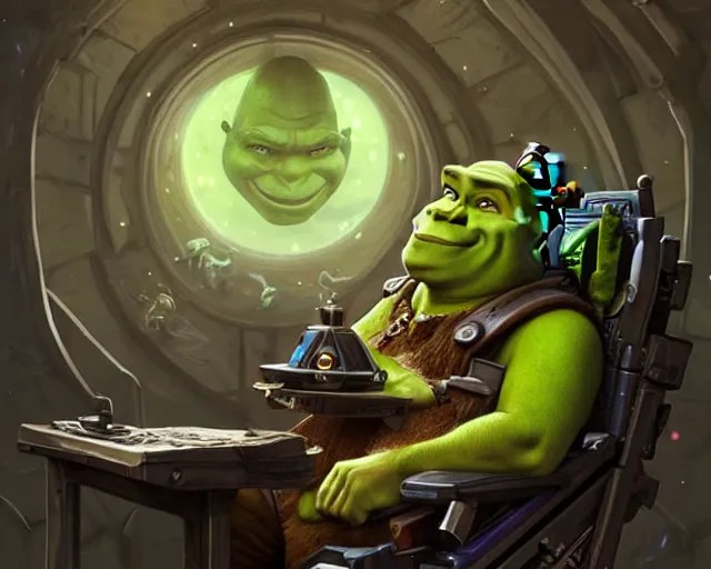 Image similar to shrek as stephen hawking!!!, deep focus, warhammer 4 0 k, d & d, fantasy, intricate, elegant, highly detailed, digital painting, artstation, concept art, matte, sharp focus, illustration, hearthstone, art by artgerm and greg rutkowski and alphonse mucha