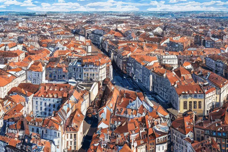 Image similar to drone view of an old european city, hyperrealism painting, wide angle, very detailed, high resolution