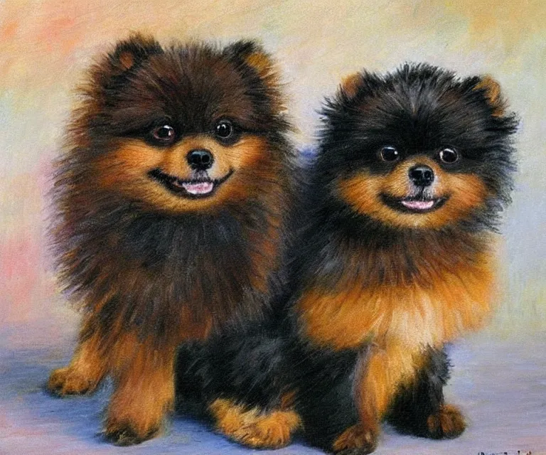 Image similar to brown and black pomeranian, cute, monet, oil painting