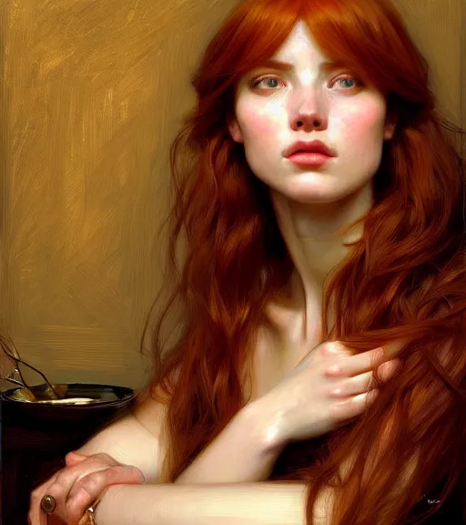 Prompt: portrait of a beautiful auburn - haired woman sitting upon a table with heightened detail, poised, intense emotion, detailed facial expression, detailed surroundings, intricate, elegant, highly detailed, centered, digital painting, artstation, concept art, smooth, sharp focus, illustration, by ( john william waterhouse ), wlop