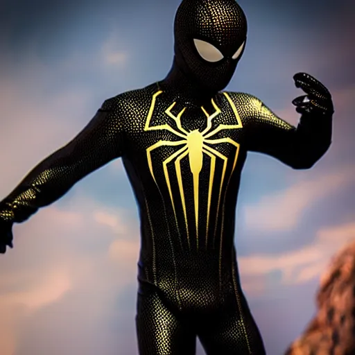 Image similar to gold spider - man suit with black web lining, cinematic, volumetric lighting, realistic, hyperdetailed, photorealistic, photograph