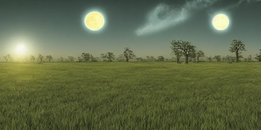 Image similar to digital art, trending on artstation, the sky of an alternate earth with 3 suns and a moon, with a large green meadow, baobab trees and uninhabited alien houses.