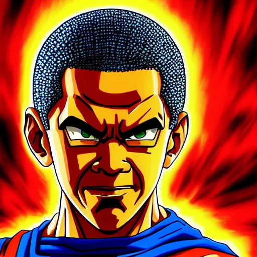 Image similar to ultra realistic portrait painting of barak obama as super saiyan 3 goku, art by akira toriyama, 4 k, dragon ball artstyle, cel shaded, highly detailed, epic lighting