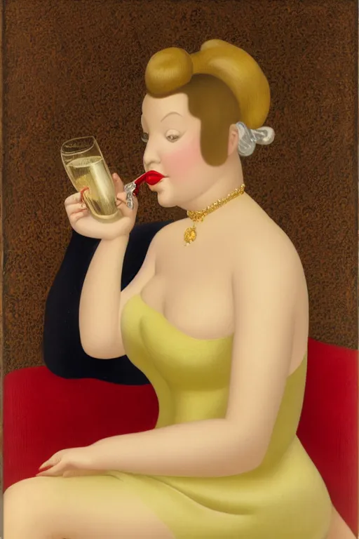 Image similar to portrait of a young woman with blonde hair, wearing an evening dress, drinking champagne, by botero