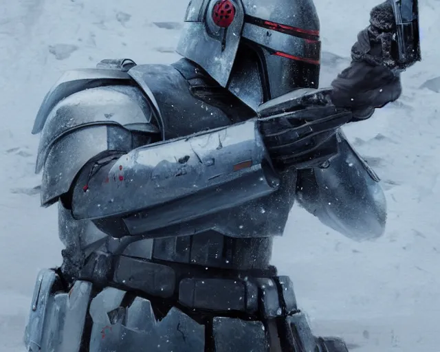 Image similar to jango fett killed 2 0 dead jedi, blood, in a snow forest, concept art highly detailed, great cinematic lighting, 8 k, depth of field, 3 d, art by greg rutkowski, trending on artstation, cinematographic shot