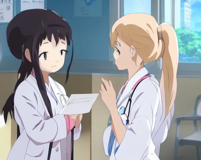 Image similar to a cute young female doctor wearing white coat are talking to a little girl in a hospital, slice of life anime, vivid, anime scenery by Makoto shinkai