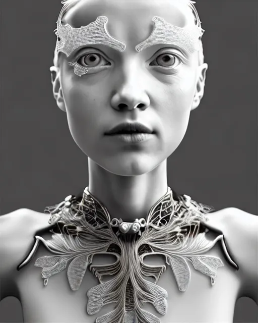 Prompt: bw 3 d render, stunning beautiful little girl angelic cute biomechanical albino female cyborg with a porcelain profile face, rim light, big leaves and stems, roots, fine foliage lace, alexander mcqueen, art nouveau fashion embroidered collar, steampunk, silver filigree details, hexagonal mesh wire, mandelbrot fractal, elegant, artstation trending