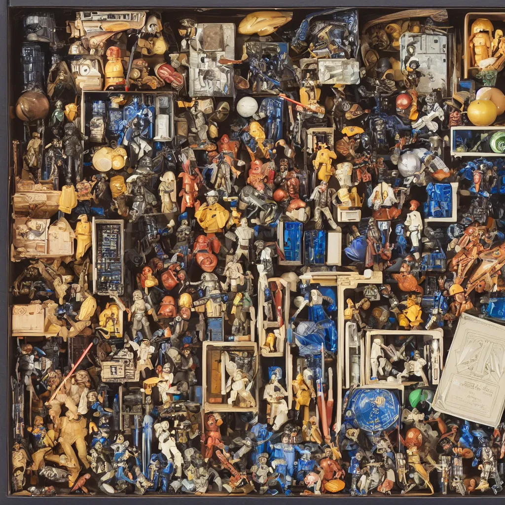 Image similar to a well - lit, detailed museum archive rich color photograph of a star wars memory box by joseph cornell, containing a few action figures, some photographs, a star chart, a ticket stub, and a large lightsaber