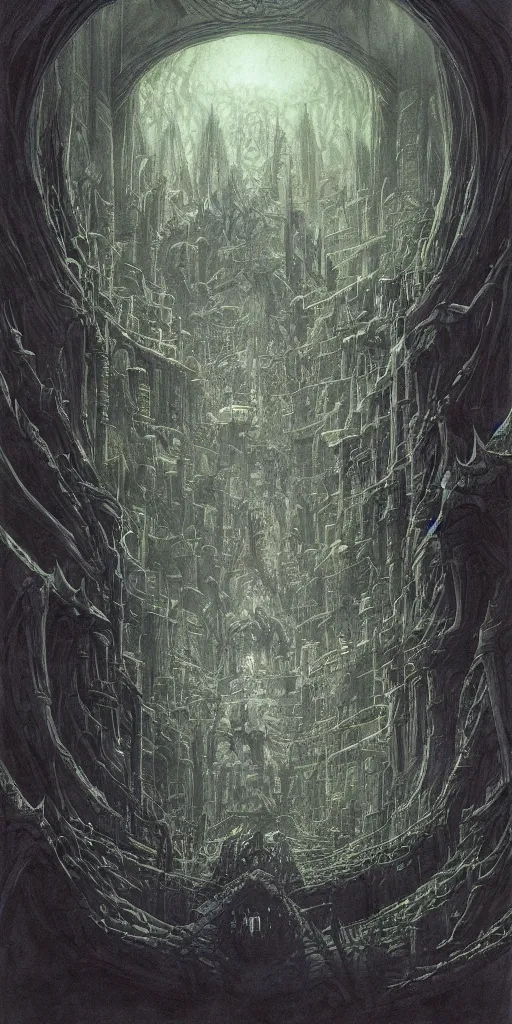 Prompt: Artwork by John Howe of the cinematic view of the Chaotic Oubliette of the Demon King.