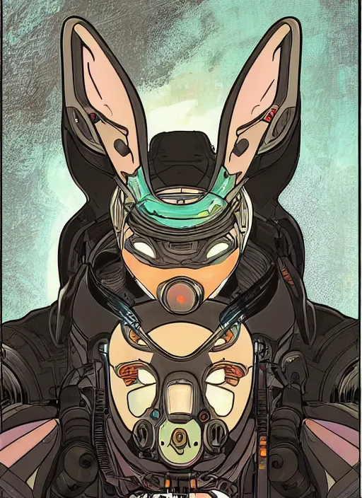 Image similar to cyberpunk buggs bunny. portrait by ashley wood and alphonse mucha and laurie greasley and josan gonzalez and james gurney. spliner cell, apex legends, rb 6 s, hl 2, d & d, cyberpunk 2 0 7 7. realistic face. vivid color. dystopian setting.