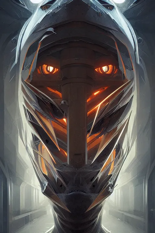 Image similar to professional concept art symmetrical portrait of a horrendous mechanical predatory species in a dark room by artgerm and greg rutkowski. an intricate, elegant, highly detailed digital painting, cubism, concept art, smooth, sharp focus, illustration, in the style of cam sykes.