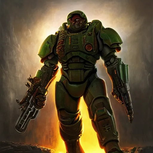 Image similar to Doomguy Doom Eternal, detailed, centered, digital painting, artstation, concept art, donato giancola, Joseph Christian Leyendecker, WLOP, Boris Vallejo, Breathtaking, 8k resolution, extremely detailed, beautiful, establishing shot, artistic, hyperrealistic, beautiful face, octane render, cinematic lighting, dramatic lighting, masterpiece