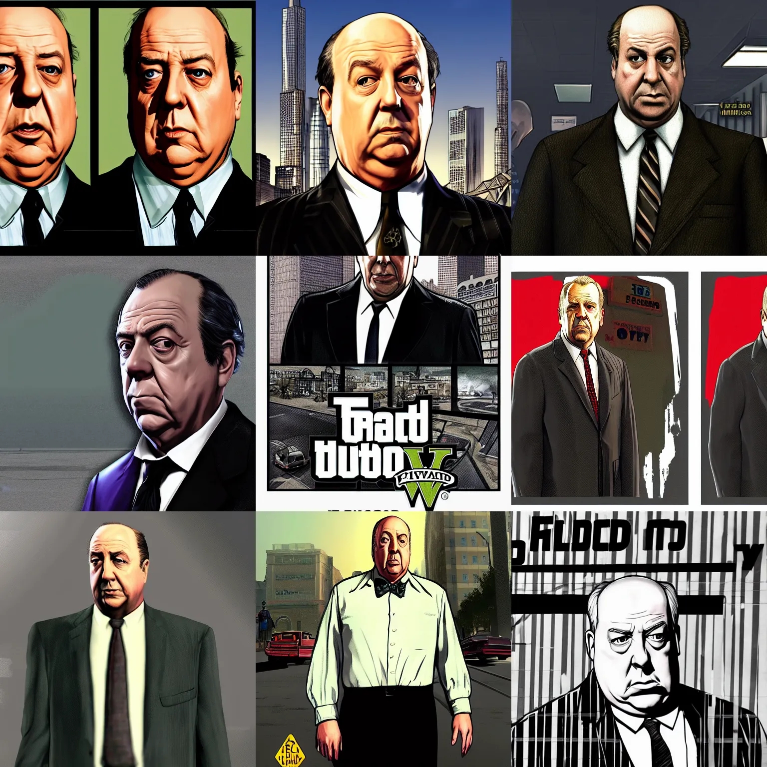 Prompt: alfred hitchcock gta v loading screen art,