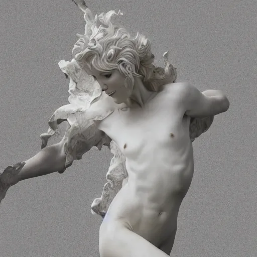 Image similar to realistic digital painting of a stunning intricate cracked white marble falling angel bernini sculpture, trailing white vapor, mycelium stands and misty xparticles neutral tone background, trending on artstation, hyperrealism, matte painting, subsurface scattering