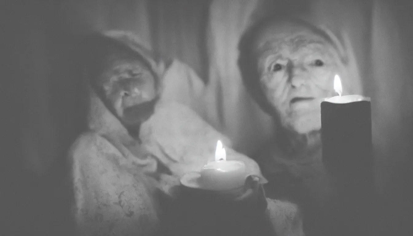 Prompt: a close up portrait of a solitary old underweight lady is frozen, hyper realistic photo, candle light, full colour, kodak porta 4 0 0, shallow depth of field, upscale, 8 k, masterpiece,