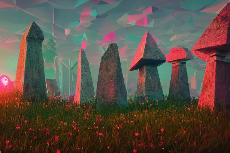 Image similar to super detailed color lowpoly art, overgrown mystical meadow with numerous trees, ancient stone obelisks with subtle glowing runes, unreal engine, retrowave color palette, 3 d render, lowpoly, colorful, digital art, perspective