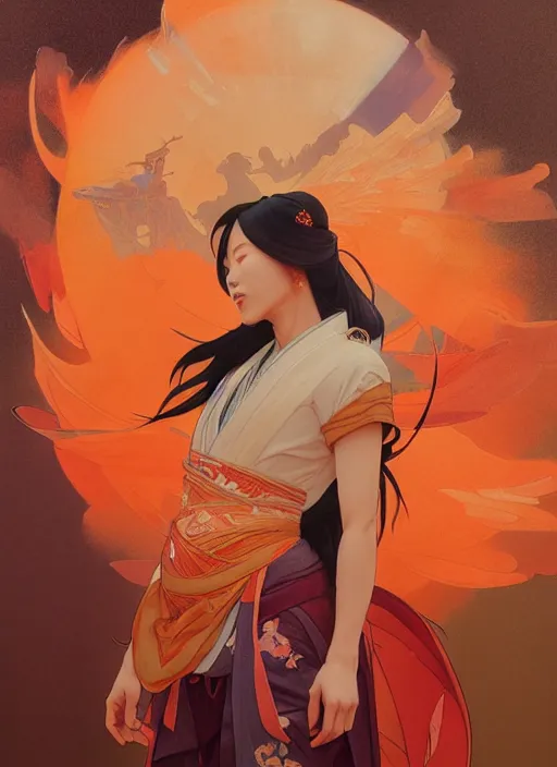 Image similar to mulan, orange spike aura in motion, damaged japanese clothes, floating pieces, painted by art by tsuyoshi nagano, greg rutkowski, artgerm, alphonse mucha, spike painting