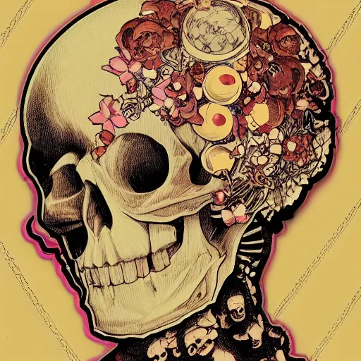 Image similar to anime manga skull portrait girl female skeleton hair illustration detailed ballon emoji patterns in background art Geof Darrow and Phil hale and Ashley wood and Ilya repin alphonse mucha pop art nouveau