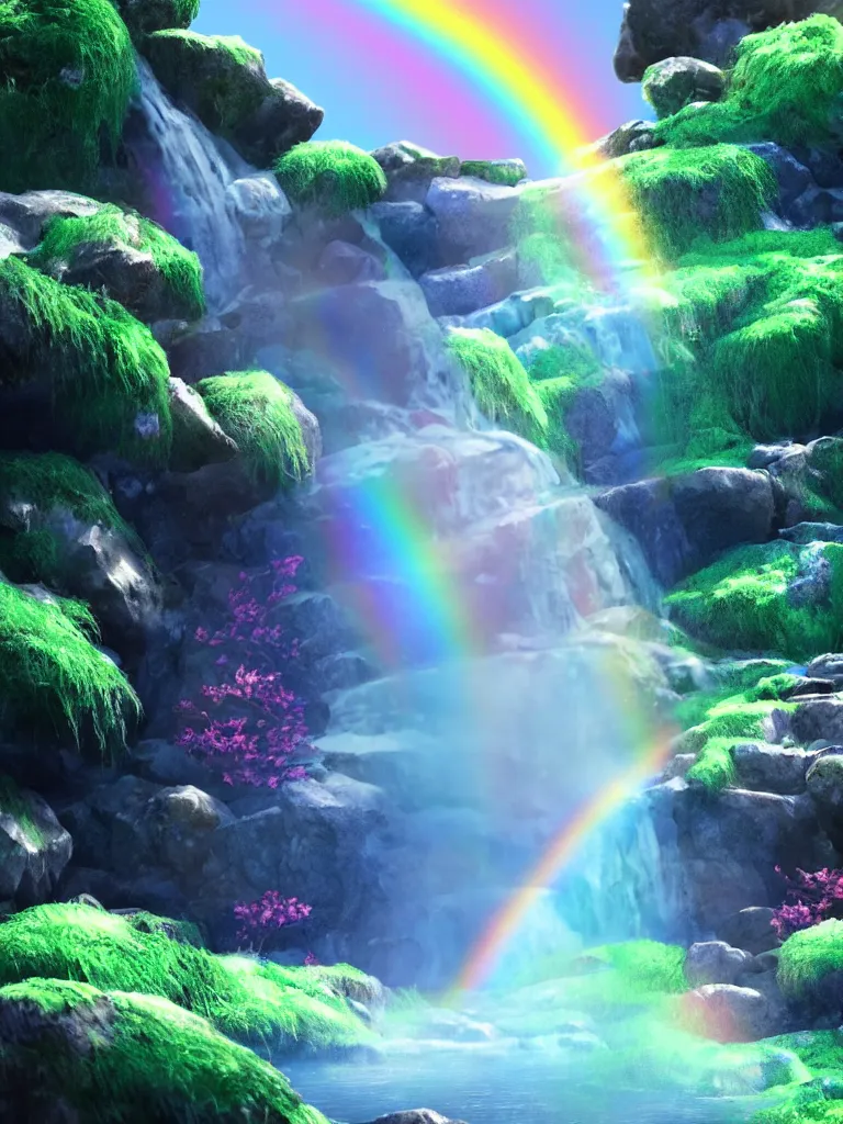 Prompt: anime - style illustration of waterfall cascading onto rocks, small rainbow emerging in background, ethereal, beautiful scenery, intricately meticulously detailed, amazing, glitter, 8 k render octane high definition