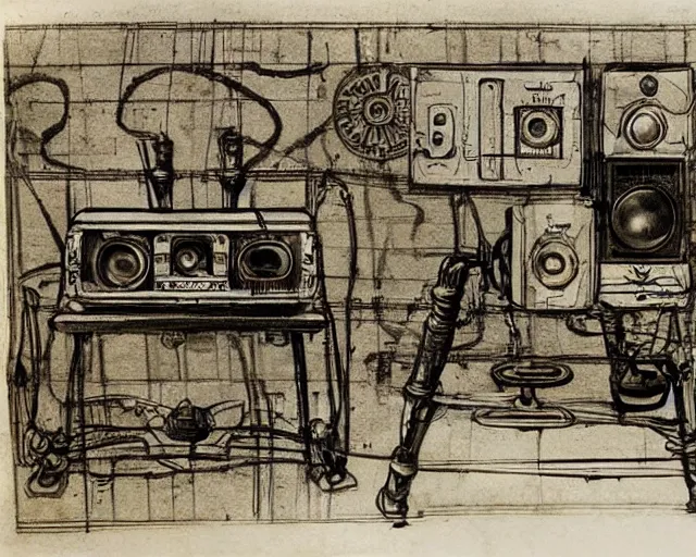 Image similar to steampunk mechanical electrical television set sketch by leonardo da vinci