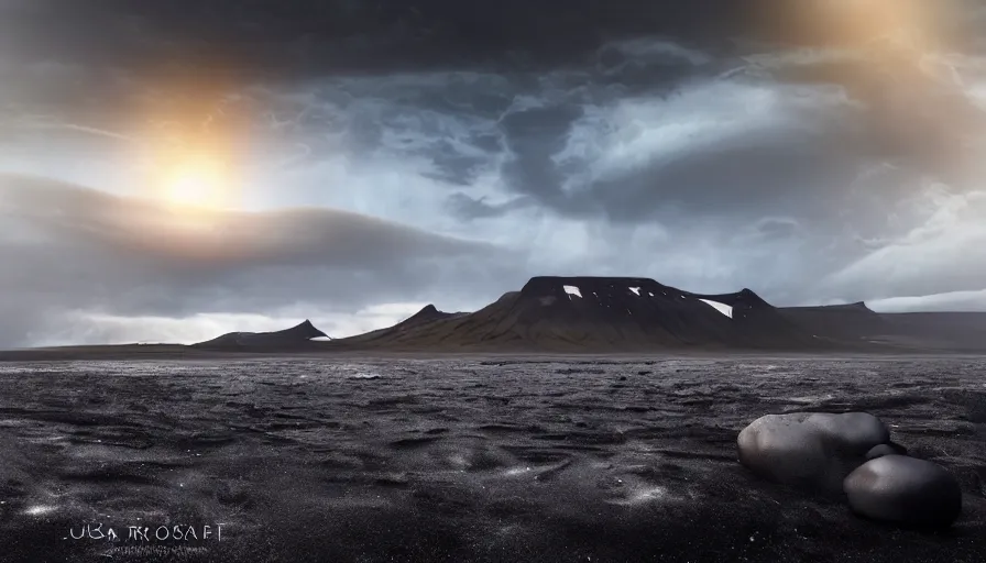 Prompt: solar eclipse in iceland, black sand, dramatic clouds, jessica rossier, art station