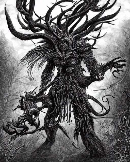 Image similar to A forest elemental, terrifying, black and white, fantasy art, monster art, in the style of masami kurumada, illustration, epic, fantasy, intricate, hyper detailed, artstation, concept art, smooth, sharp focus, ray tracing