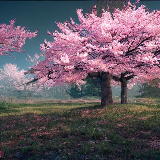 Image similar to A beautiful japanese landscape with sakura trees, apocalyptic style, Simon Stålenhag, 4k, ultrarealistic, octane render, volumetric lighting