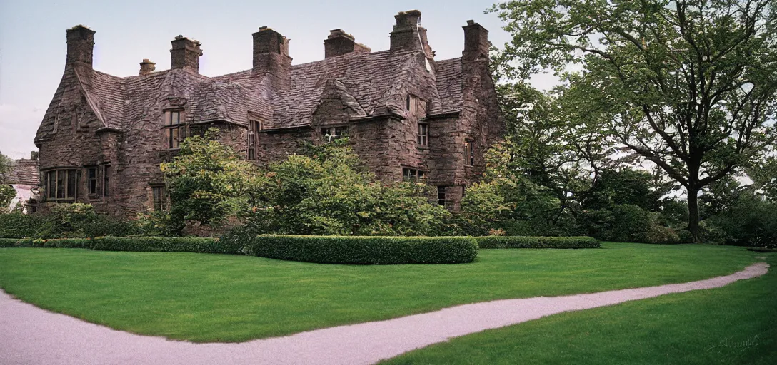 Image similar to scottish blackhouse mansion designed by daniel burnham. outdoor landscaping designed by fredrick law olmsted. fujinon premista 1 9 - 4 5 mm t 2. 9. portra 8 0 0.