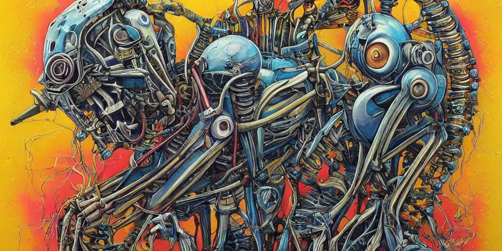 Image similar to a beautiful painting of robot by aaron horkey, trending on artstation, skeleton, colorful