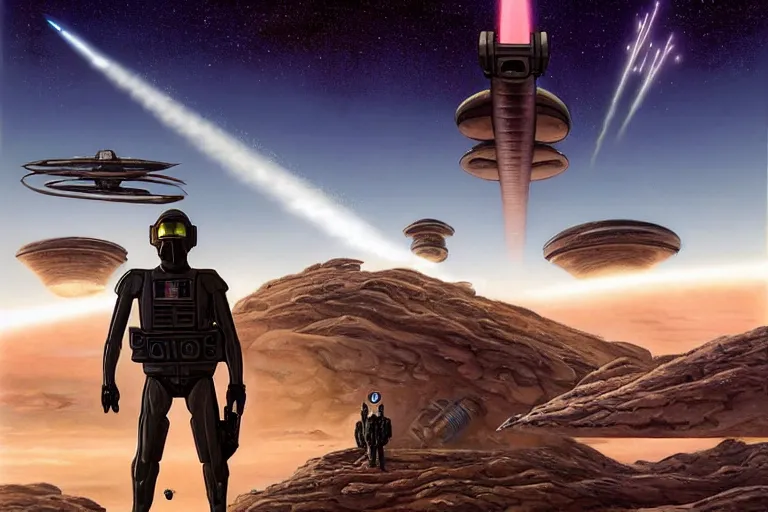 Image similar to Epic science fiction landscape. In the foreground is futuristic anti-air artillery firing into the sky, in the background an alien spaceship is escaping. An officer stands next to the artillery pointing upwards. Stunning lighting, sharp focus, extremely detailed intricate painting inspired by Mark Brooks and by Moebius