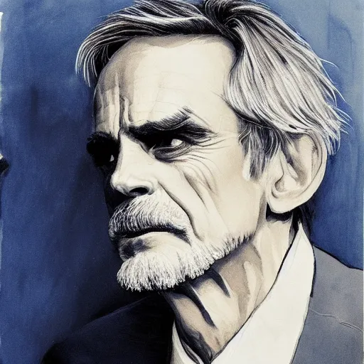 Prompt: powerful blue mage Jeremy Irons wearing navy blue sweatshirt brandishes a blue electricity orb norman ackroyd jim lambie greg rutkowski rothko tombow