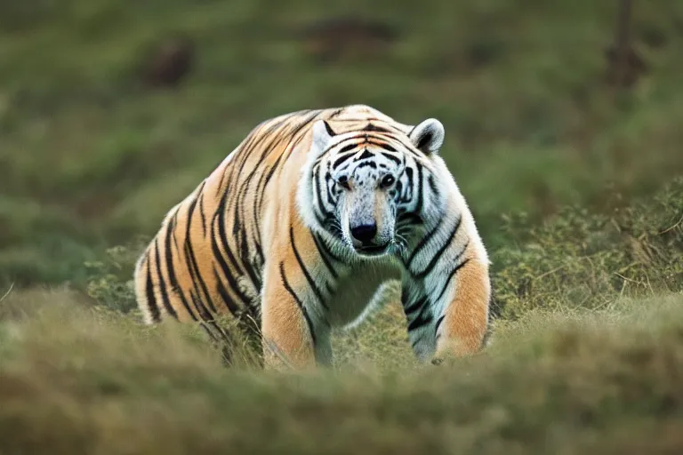 Image similar to a tiger polar bear!!! hybrid! hyper realistic!! realistic lighting!! wildlife photographer of the year!!! bold natural colors, national geographic, hd, wide angle, 8 k