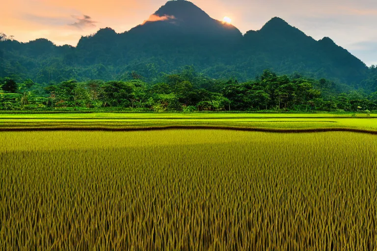 Prompt: a beautiful landscape photography of Gunung Jerai, Yan, Malaysia with a paddy field, dramatic sky, 500px, cinematic lighting, wide angle,sunrise, award winning, 8K photo realism