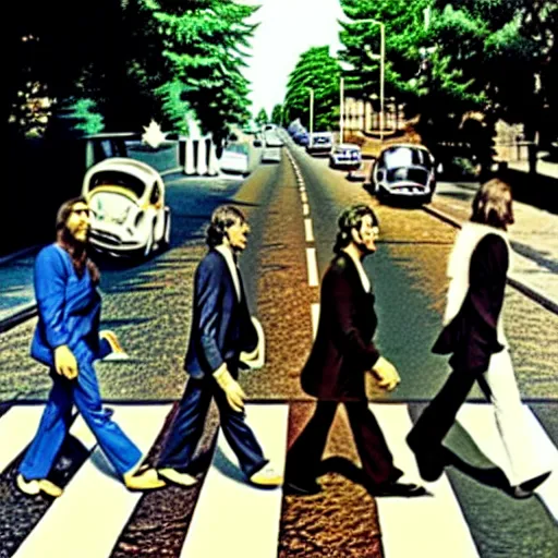 Prompt: abbey road with the three stooges instead of the beatles,