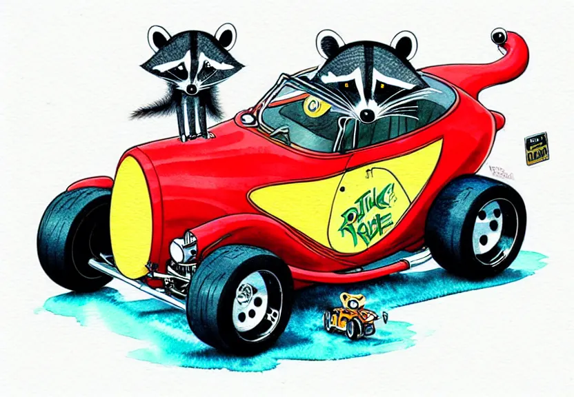 Image similar to cute and funny, racoon riding in a tiny hot rod coupe with oversized engine, ratfink style by ed roth, centered award winning watercolor pen illustration, isometric illustration by chihiro iwasaki, edited by range murata